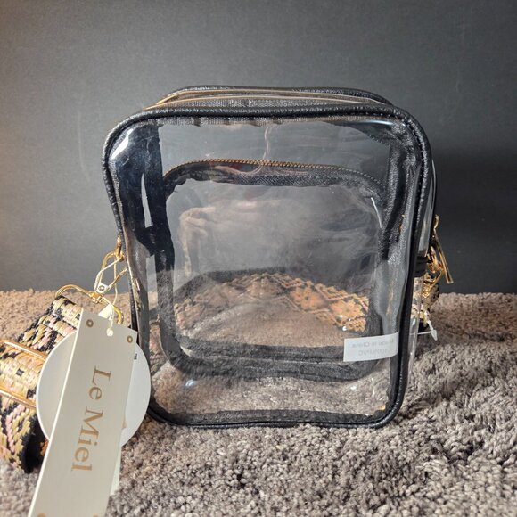 Le Miel Clear Stadium Crossbody Bag, Black Trim, Gold Hardware, Boho Strap - Picture 3 of 9